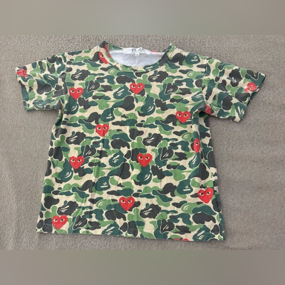 Comme Des Garsons X Bape Shirt Mens Small Green Play Camo Hearts T- Shirt Adult - Picture 1 of 7